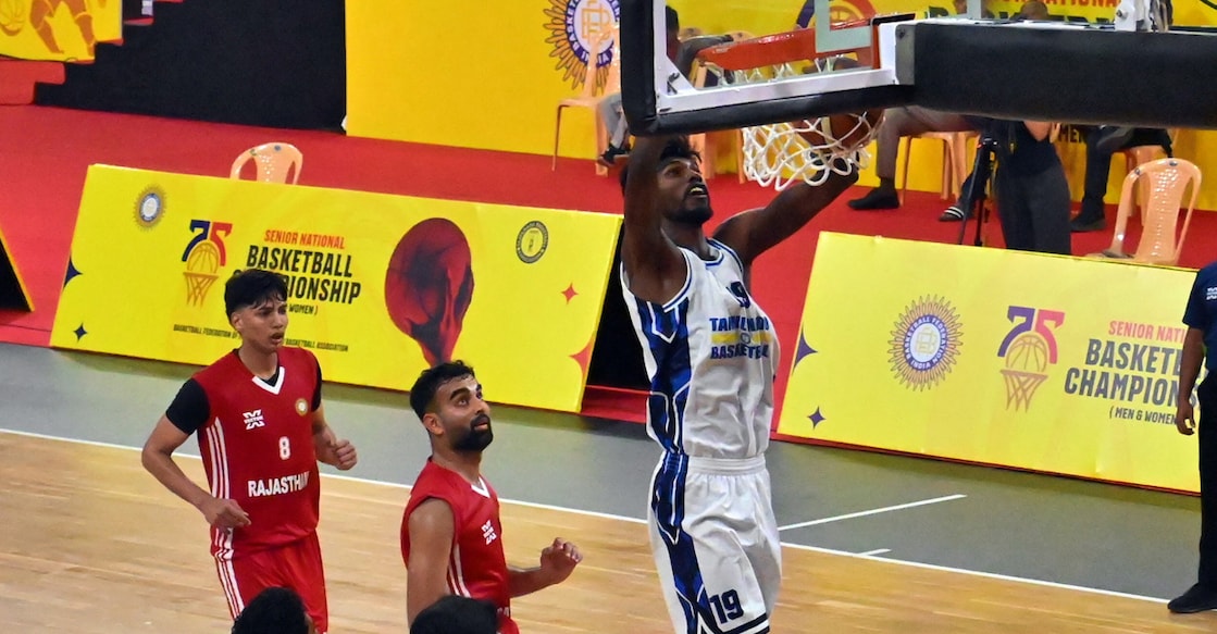 Thiruvananthapuram native Pranav Prince scores for Tamil Nadu against Rajasthan on the opening day of the Senior National Basketball Championship in Chennai on January 4, 2026. Photo: Special arrangement