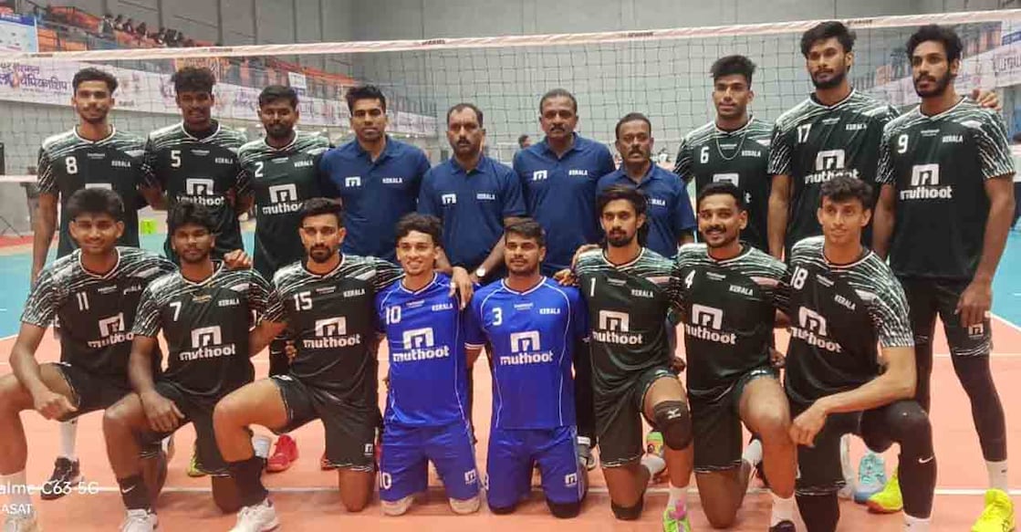 Kerala men's team pose at the venue of the Senior National Volleyball Championship in Varanasi. Photo: Special arrangement