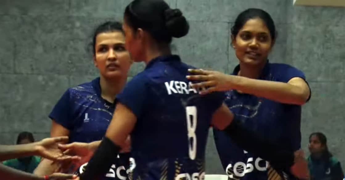 Kerala players celebrate a point against Haryana in the 72nd Senior National Volleyball Championship in Varanasi on January 6, 2026. Photo: Screengrab/FGSN