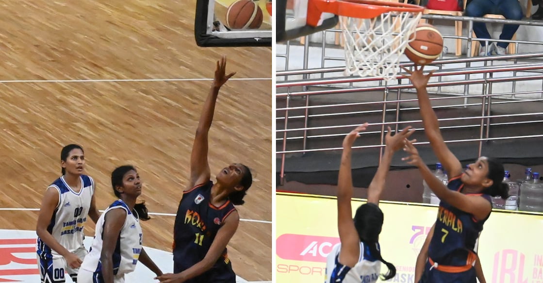 Aneesha Cleetus and Kavitha Jose impressed for Kerala against Tamil Nadu in their Group B contest in the 75th Senior National Basketball Championship at the Jawaharlal Nehru Indoor Stadium in Chennai on January 7, 2026. Photos: Special arrangement