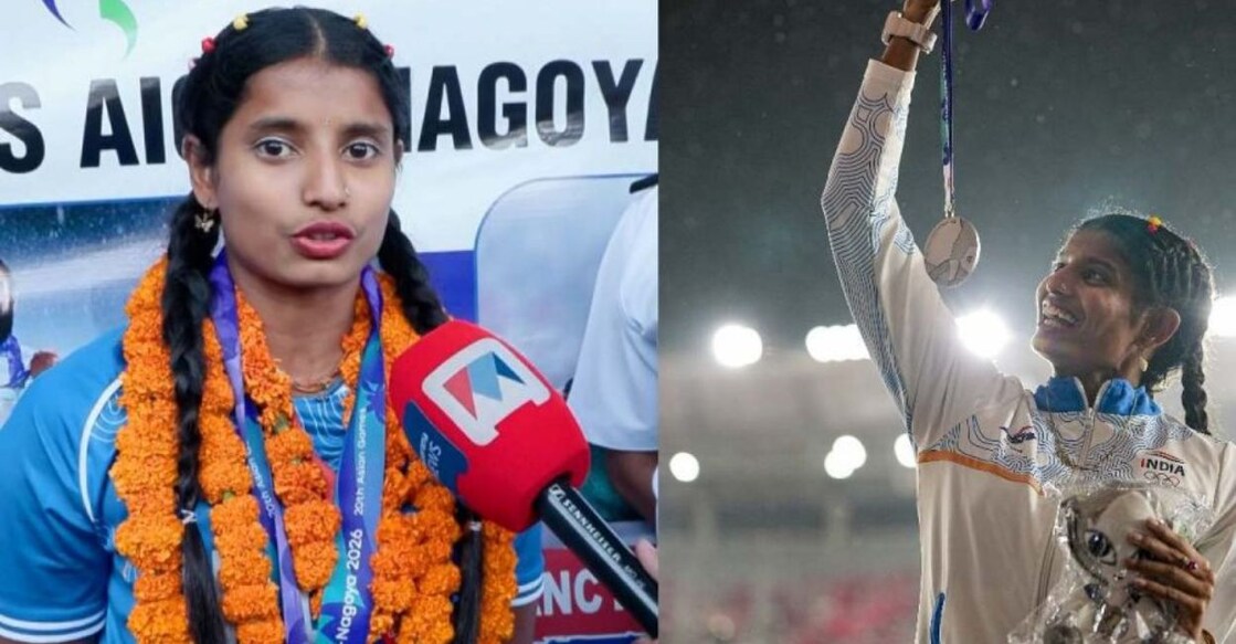 Ancy Sojan addressing the media after reaching Delhi; (right) Ancy after receiving her Asian Games silver medal. Photos: Manorama, File.