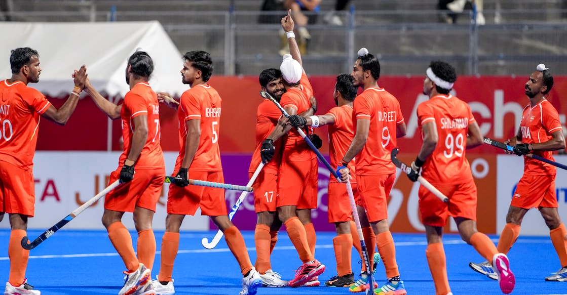 Gifu: India’s players celebrate a goal during the men's Hockey final’s gold medal match between Malaysia and India in the ongoing 20th Asian Games, in Gifu, Japan, Saturday, Oct. 3, 2026. (PTI Photo/Atul Yadav)(PTI10_03_2026_000352A)