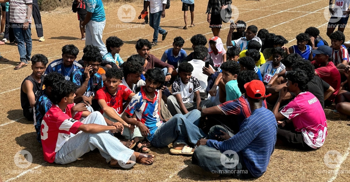Students staging a sit-in at the track during the Kottayam Revenue District Sports Championship. Photo: Onmanorama