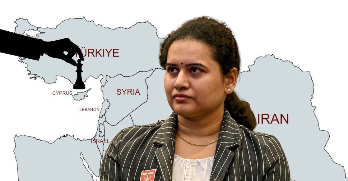 A representational image showing Cyprus on the map with GM Koneru Humpy in the foreground. 