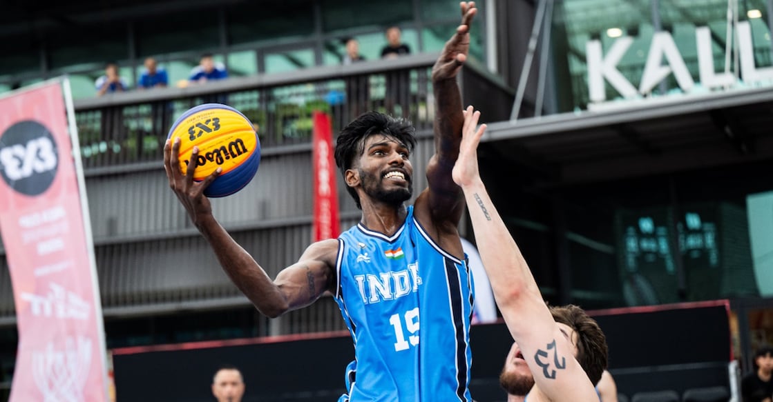 Pranav Prince of India in action during the FIBA 3X3 Asia Cup qualifiers in Singapore on April 1, 2026. Photo: Special arrangement 