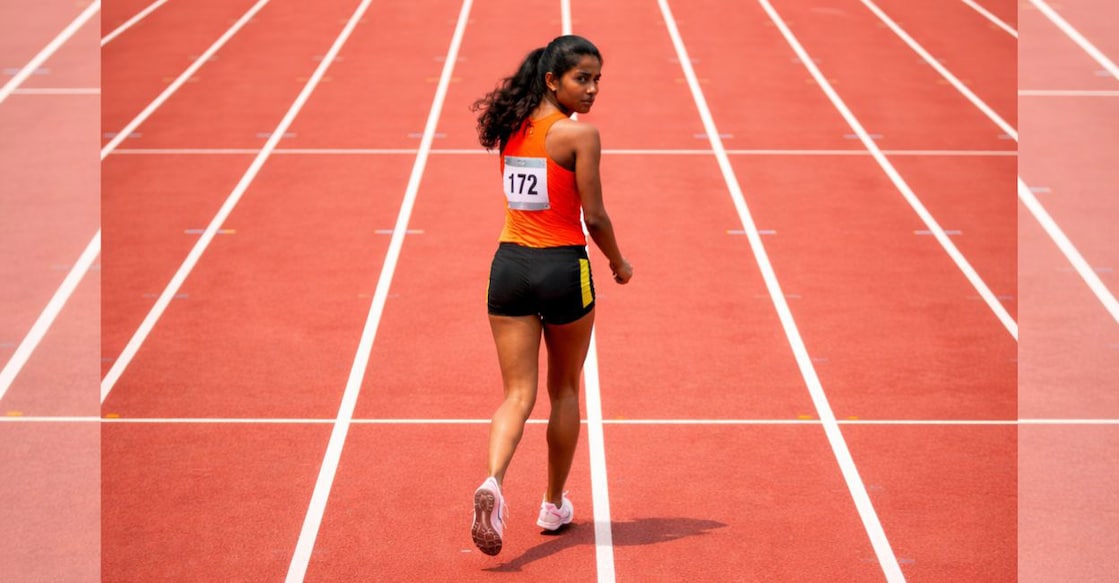 AI-generated image showing a single athlete competing in a running event. 