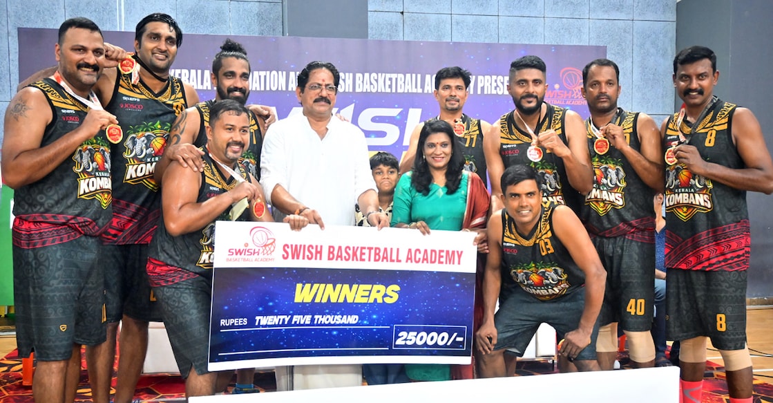 Kerala Kombans pose after winning the men’s 40+ title of the Swish All India Masters Basketball Tournament in Thiruvananthapuram on April 27, 2026. Photo: Special arrangement 