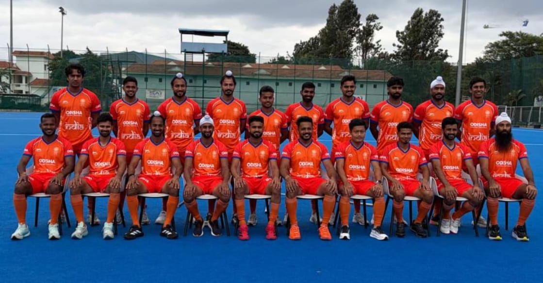 The Indian men's hockey team wearing the new saffron jersey. Photo: X/@TheHockeyIndia