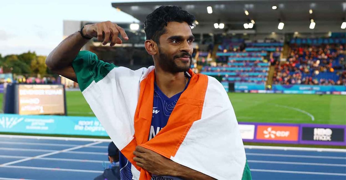 India's Sreeshankar celebrates after finishing second in the Men's Long Jump Final Photo: REUTERS/Phil Noble