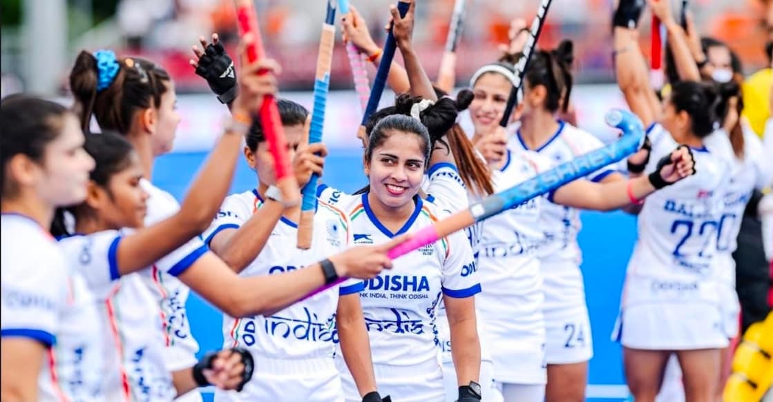 India women's hockey team members celebrate after the World Cup game against China. Photo: X/@TheHockeyIndia