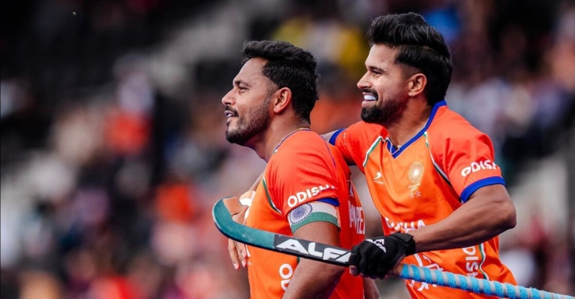 Indian players celebrate during the match against Pakistan. Photo: X/@HockeyIndia
