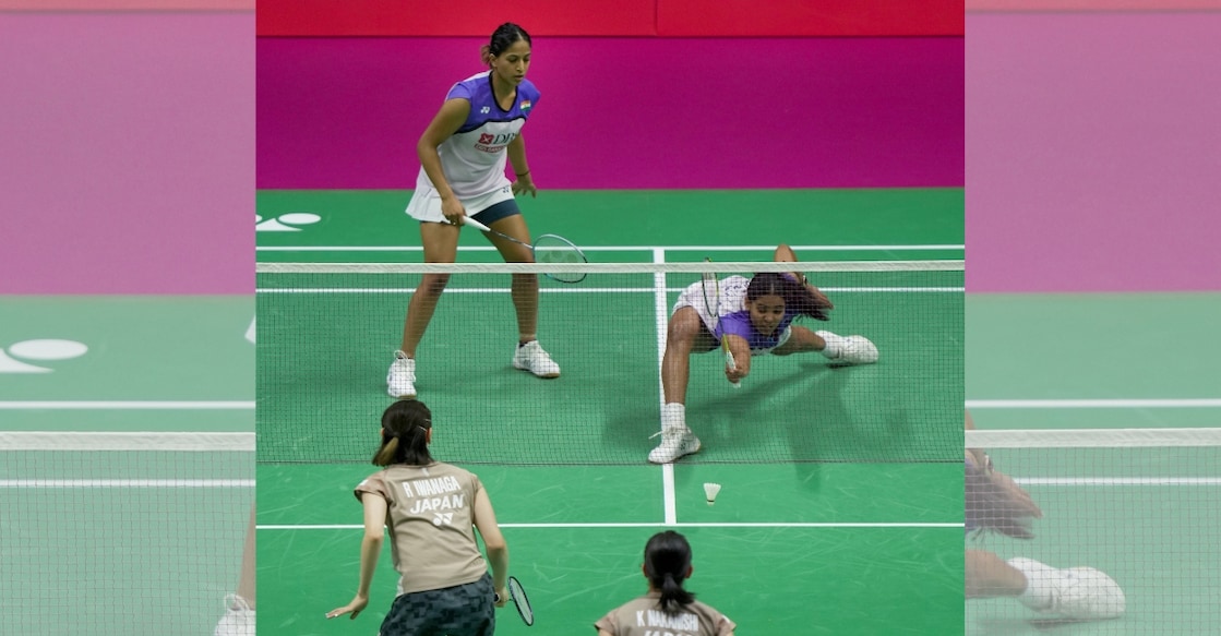 Gayatri Gopichand and Treesa Jolly in action against the Japanese pair at the BWF World Championships at the IGI Stadium in New Delhi. Photo: PTI