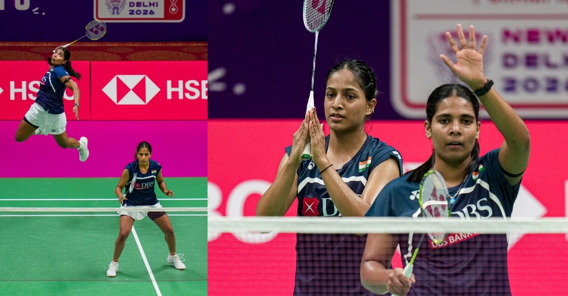 A combination image showing Treesa Jolly and Gayatri Gopichand in action.  2nd image: Gayatri Gopichand (L) and Treesa Jolly. Photo: PTI