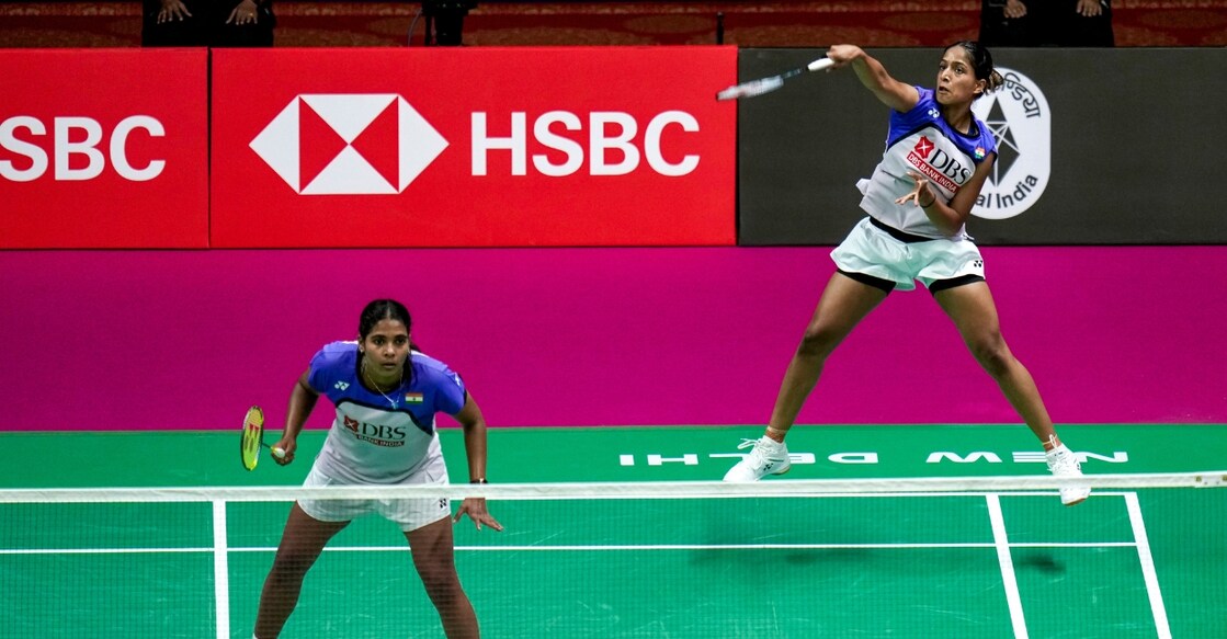 India's Treesa Jolly, left, and Gayatri Gopichand Pullela compete during the women's doubles semifinal badminton match against China's Liu Sheng Shu and Tan Ning, unseen, at the BWF World Championships in New Delhi. Photo: PTI 