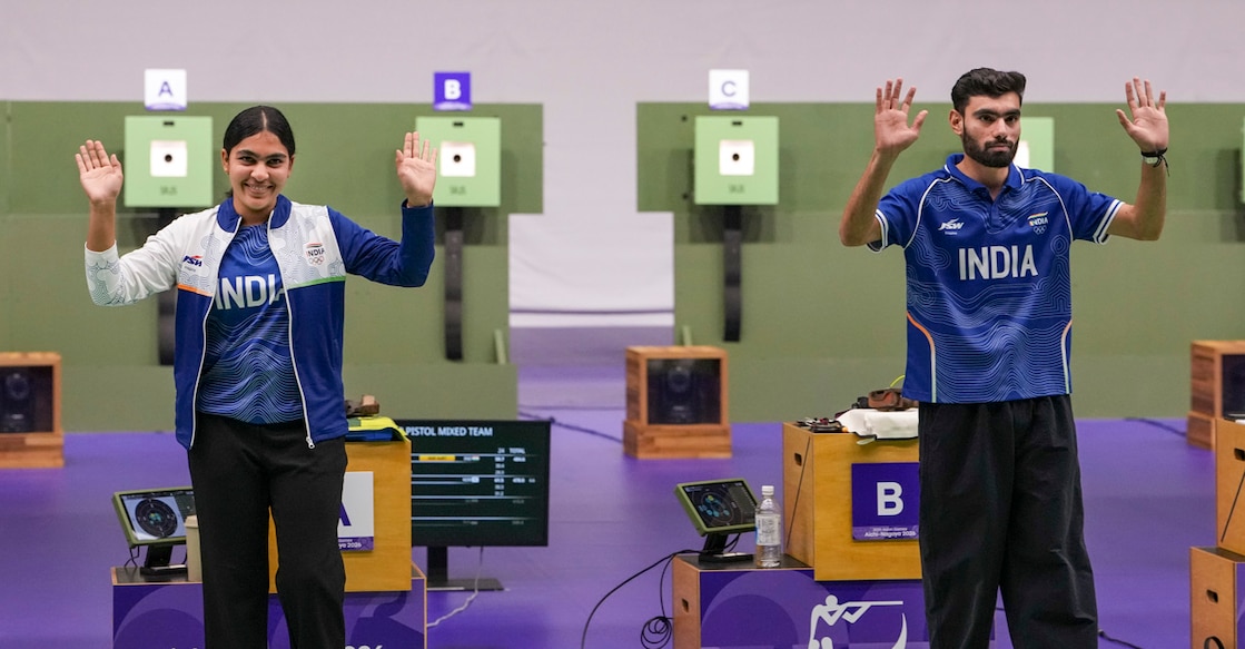 Nagoya: India’s Suruchi Singh, left, and Kamaljeet celebrate after winning Gold medal in the 10 meter air pistol mixed team final in the ongoing Asian Games 2026, in Nagoya, Japan, Friday, Sept. 25, 2026. (PTI Photo/Atul Yadav) (PTI09_25_2026_000061B)