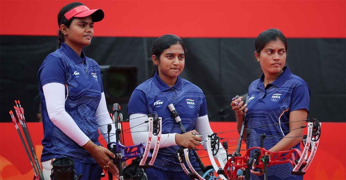 India's Chikitha Taniparthi, Prithika Pradeep and Jyothi Surekha Vennam won gold in Archery - Compound Women's Team. Photo: REUTERS/Anushree Fadnavis