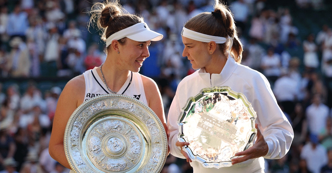 Czech Republic's Linda Noskova celebrates with the trophy as her compatriot Karolina Muchova celebrates with the runner-up trophy after their final match. Photo: Reuters/Marko Djurica