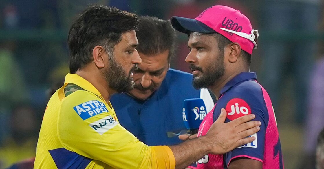 Chennai Super Kings' captain M S Dhoni and Rajasthan Royals' captain Sanju Samson during the toss before the start of the IPL 2025 match in New Delhi on May 20, 2025. File Photo: PTI