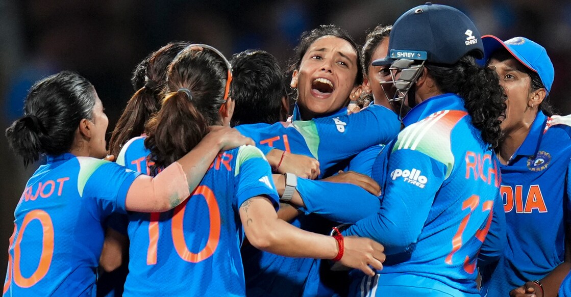Indian players celebrate the wicket of South Africa's Chloe Tryon during the ICC Women's World Cup final at the DY Patil Stadium in Navi Mumbai on November 2, 2025. Photo: PTI