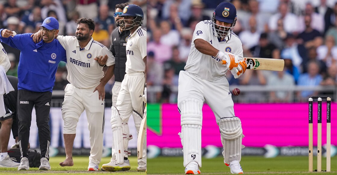 India's Rishabh Pant is helped by physio staff after he fractured his foot on the second day of the Test against England in Manchester on Thursday (L), Pant resumes his batting on Day 3 after the injury. Photo: PTI