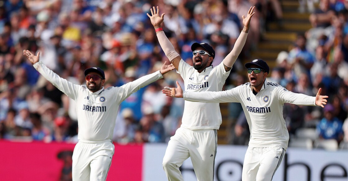 India's captain Shubman Gill (right) and teammates appeal for an England wicket during day four of the second Test at Edgbaston in Birmingham on July 5, 2025. Photo: PTI
