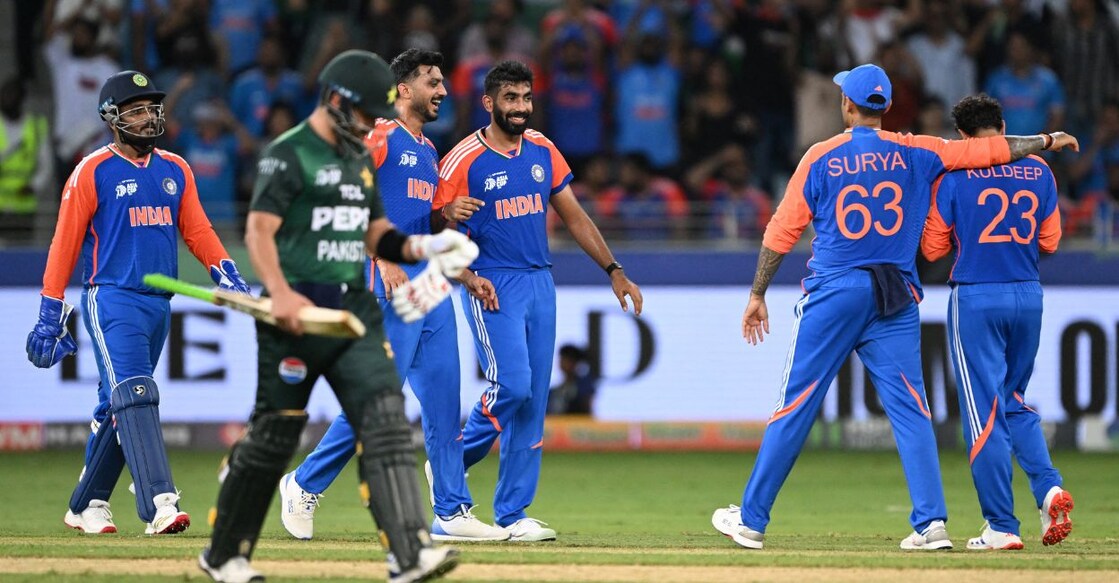 India's players celebrate after the dismissal of Pakistan's Sahibzada Farhan during the Asia Cup T20 2025 match. Photo: AFP/Sajjad HUSSAIN