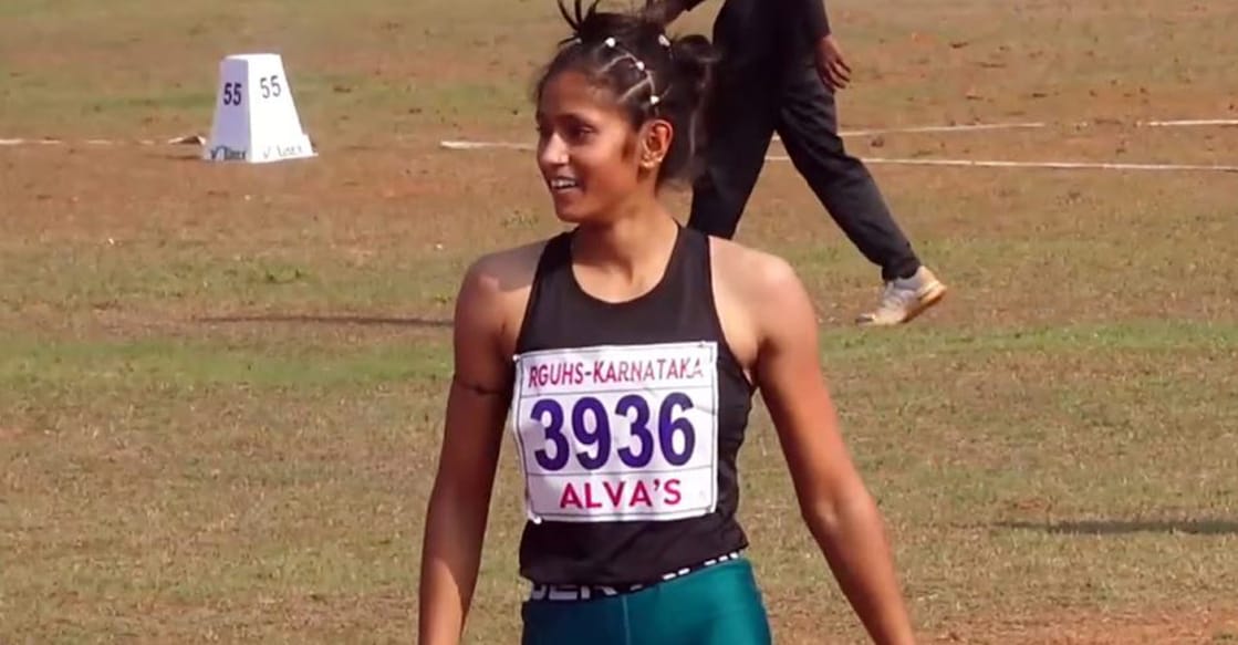 Pooja reacts after setting a meeting record in women’s high jump at All India Inter-University athletics meet at Moodubidire in Karnataka on January 16, 2026. Photo: Screengrab/YouTube@Alva’sEducationFoundation