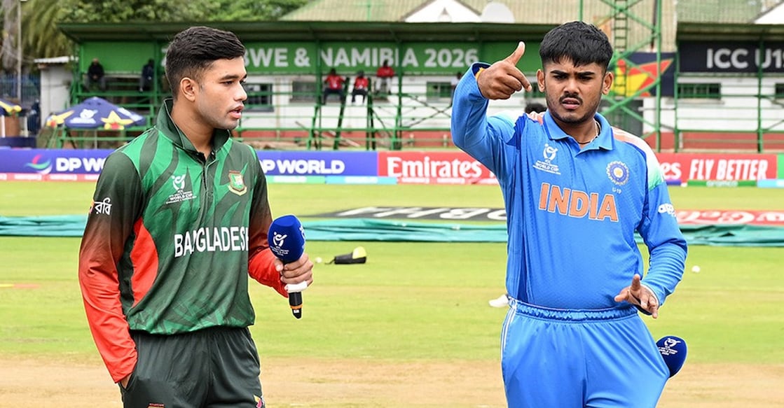 Azizul Hakim and Ayush Mhatre, captains of Bangladesh and India respectively, during the toss ahead of their ICC Men's Under-19 World Cup match at Bulawayo on January 17, 2026. Photo: ICC