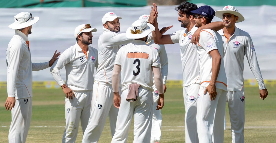 Srinagar: Jammu and Kashmir's Umar Nazir celebrates with teammates after taking the wicket of Rest of India's Sarfaraz Khan on day 3 of the Irani Cup cricket match between Jammu and Kashmir and Rest of India, in Srinagar, Saturday, Oct. 3, 2026. (PTI Photo) (PTI10_03_2026_000270B) *** Local Caption *** 