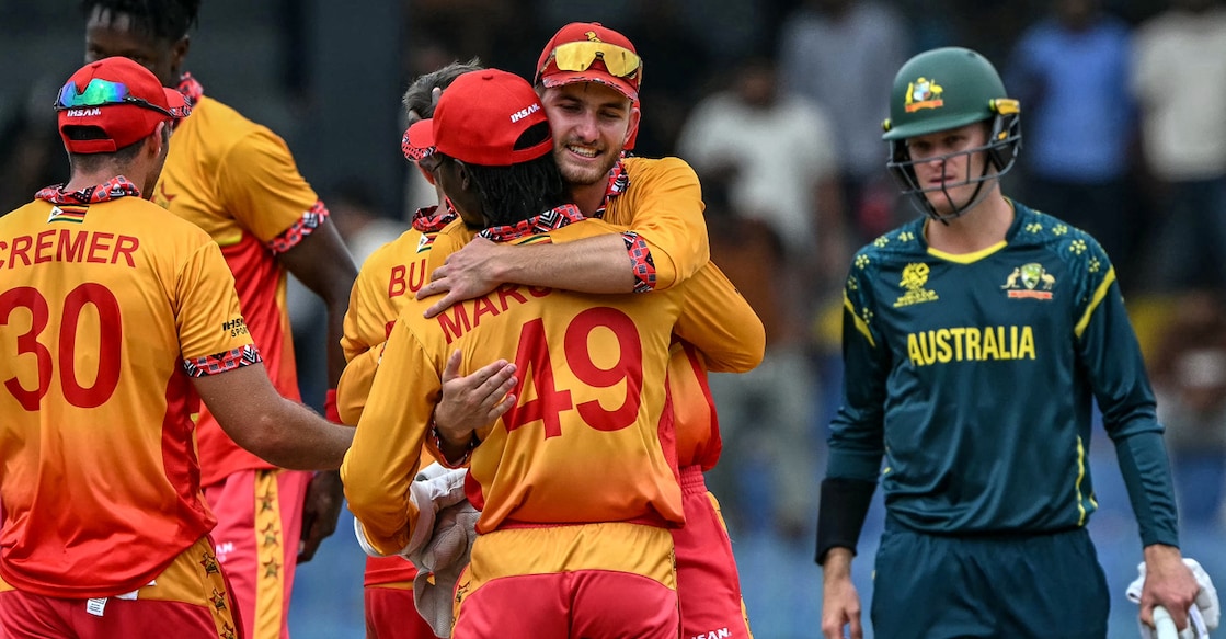 Zimbabwe players celebrate after their win in the 2026 ICC Men's T20 Cricket World Cup group stage match against Australia at the R Premadasa Stadium in Colombo on February 13, 2026. Photo: AFP/ Ishara S Kodikara 