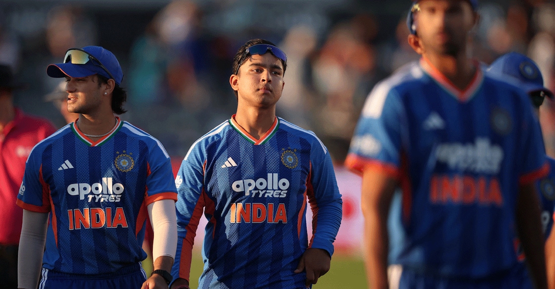 India's Vaibhav Sooryavanshi looks dejected as he walks off the field with teammates after a T20 defeat in England. Photo: Reuters/Andrew Boyers