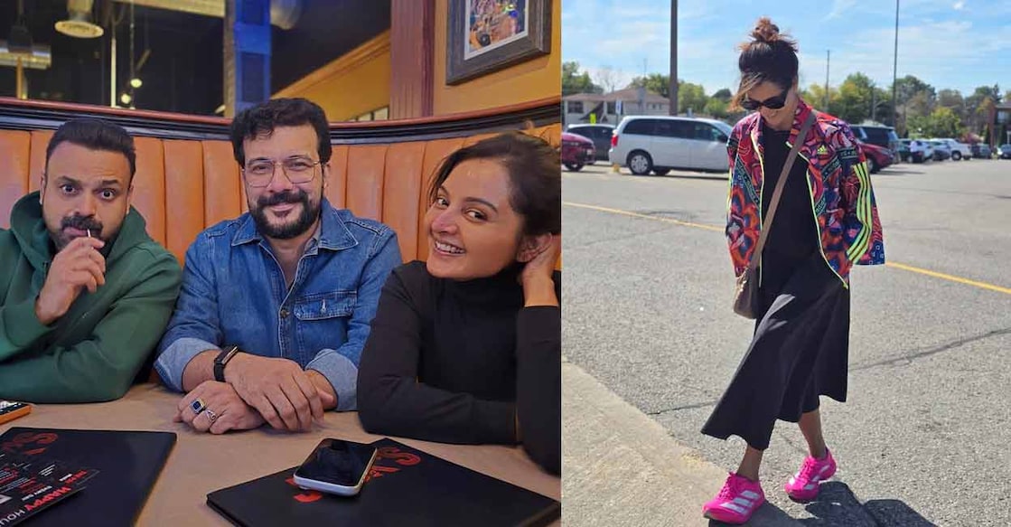 Kunchacko Boban, Ramesh Pisharody and Manju Warrier during the trip(left); Manju Warrier(right). Photo: Instagram/@manju.warrier