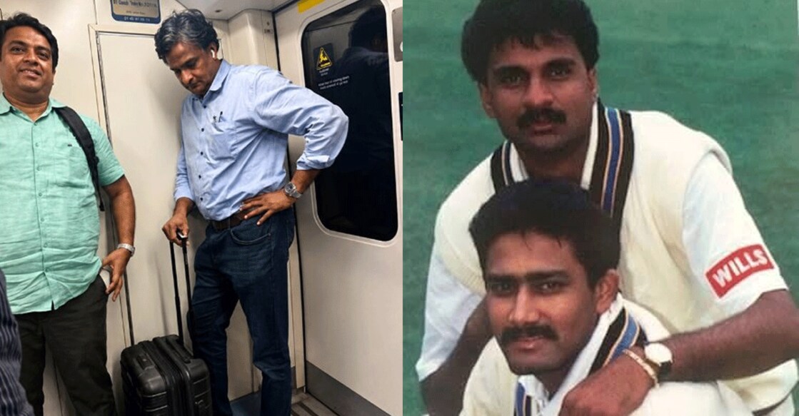 Javagal Srinath on the Bengaluru Metro (left); Srinath and Anil Kumble during their heydays (right). Photo: X/@soniyadeshwal/@facebook/javagal srinath