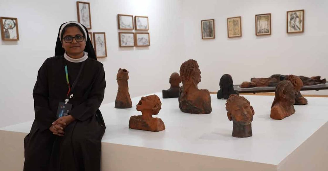 Sr Malu Joy, along with her work at the Kochi Muziris Biennale. Photo: Special Arrangement