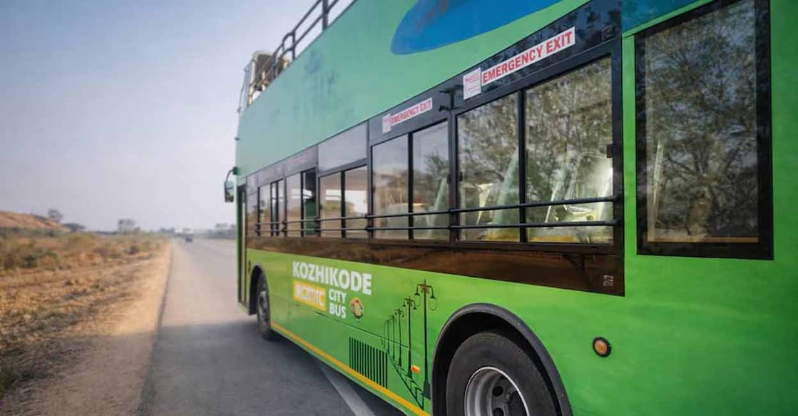 The electric bus has an open roof that allows the passengers to enjoy 360-degree views of Kozhikode. Photo: Manorama