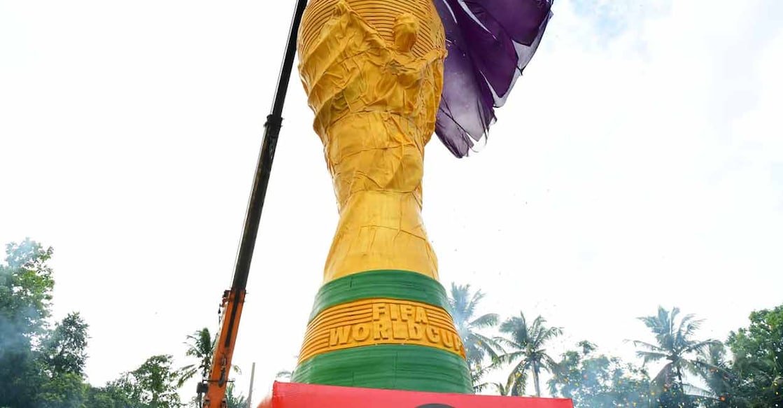 The 28-foot-tall World Cup model at Panamanna in Ottappalam has been impressing football fans and onlookers alike. Photo: Gibi Sam