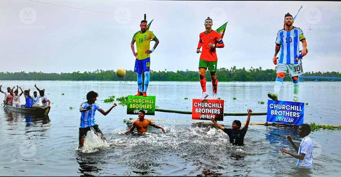 Football players enjoy a game in front of the 15-foot cutouts of Neymar, Ronaldo and Messi in Alappuzha's Pallikkadavu. Photo: Manorama