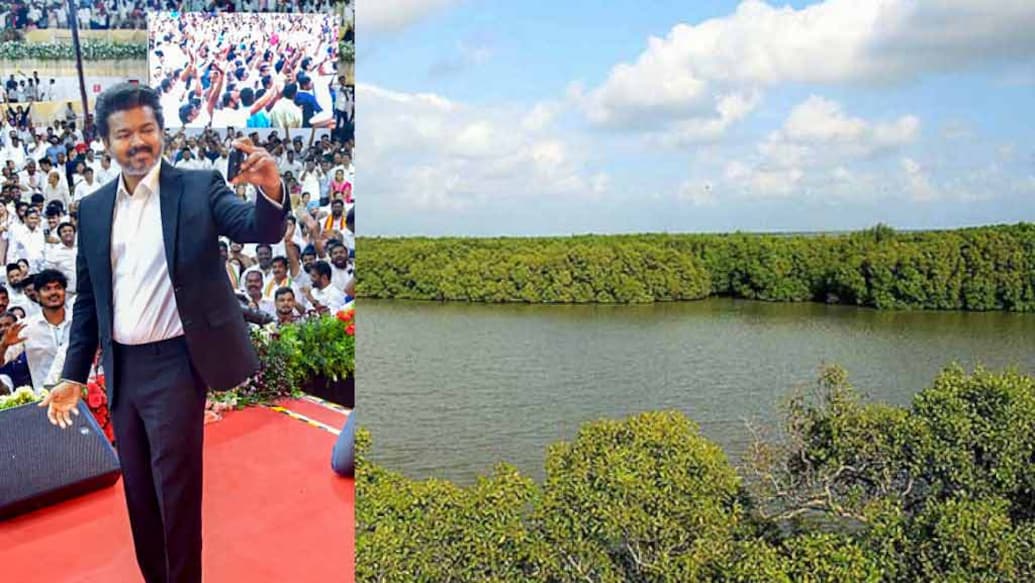 Vijay (left) clicks a selfie with fans in the swearing-in ceremony as Tamil Nadu's Chief Minister; Muthupettai village (right). Photo: PTI/@tiruvarur district website