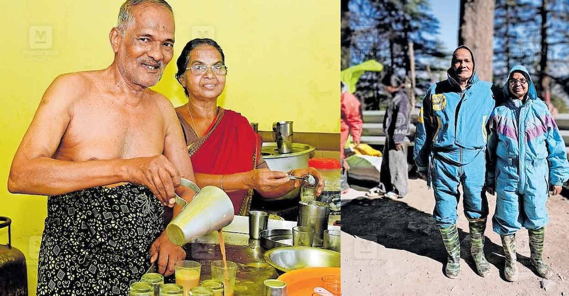 Gangadharan and Premalatha in their tea stall (left); The couple in Manali. Photo: Manorama/Special Arrangement