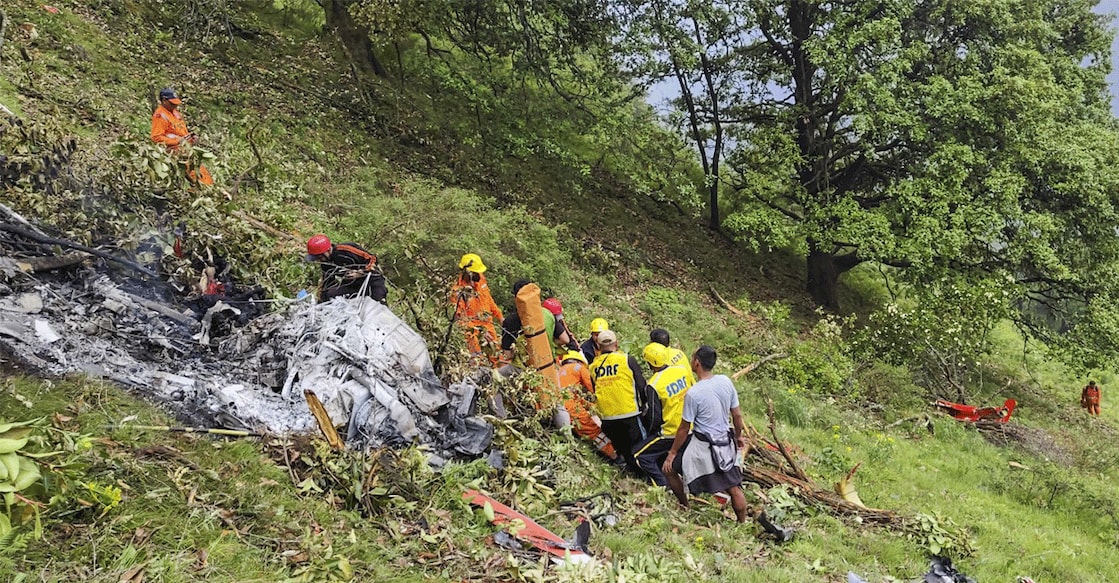 NDRF and SDRF personnel at the spot after a helicopter crashed near the Kedarnath shrine, in Rudraprayag district, Uttarakhand, Sunday, June 15, 2025. Photo: PTI