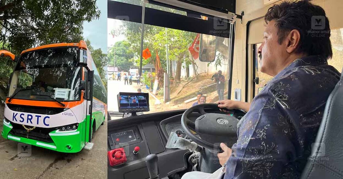 KSRTC's tri-colour themed bus (left); Ganesh Kumar drives the new bus. Photo: Special Arrangement