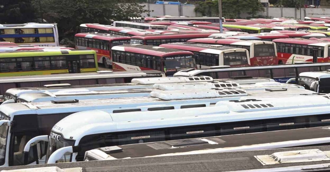 KSRTC buses are parked at a bus depot as transport workers from KSRTC launched an indefinite strike. Photo: PTI