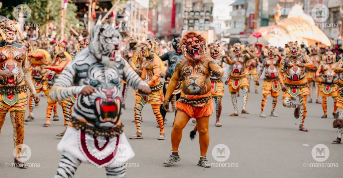 Artistes dressed up like tigers perform pulikali in Thrissur on Monday . Photo: Special Arrangement