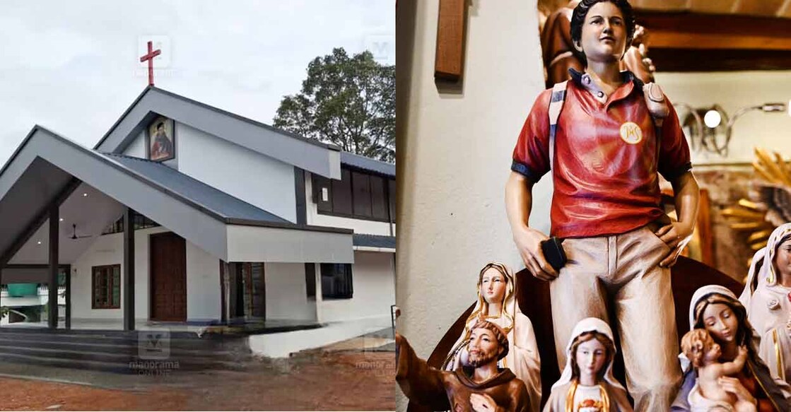 St Carlo Acutis Church, Pallikkara (left); St Carlo Acutis (right). Photo: Manorama/AFP