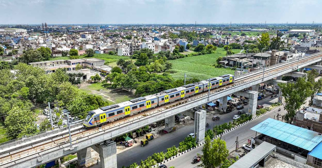 A train moves on tracks ahead of the inauguration of the Namo Bharat corridor and Meerut metro services by Prime Minister Narendra Modi. Photo: PTI