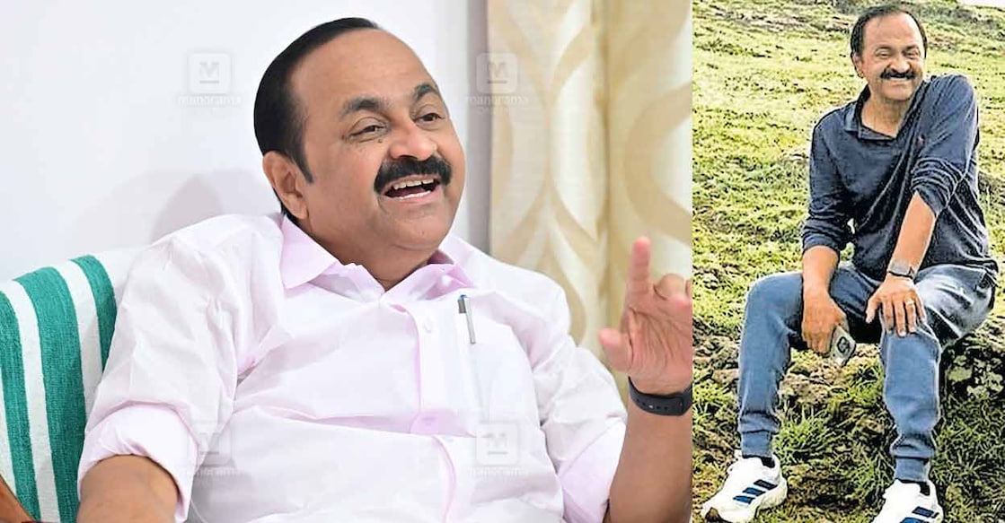 VD Satheesan (left); Satheesan during the trek (screengrab). Photo: Manorama/Screengrab