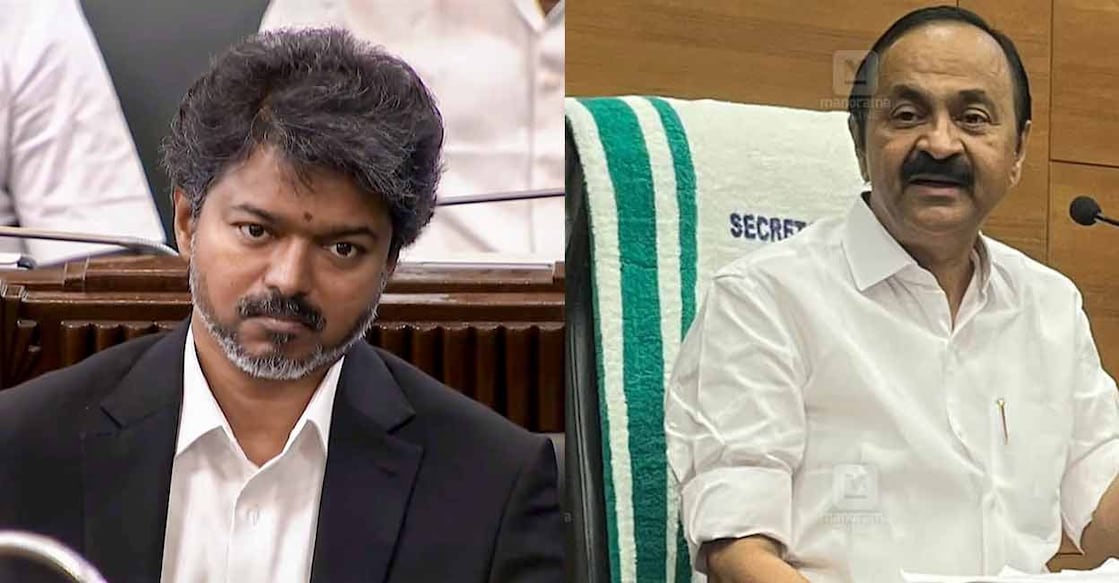 Vijay (left); VD Satheesan (right). PTI/Manorama