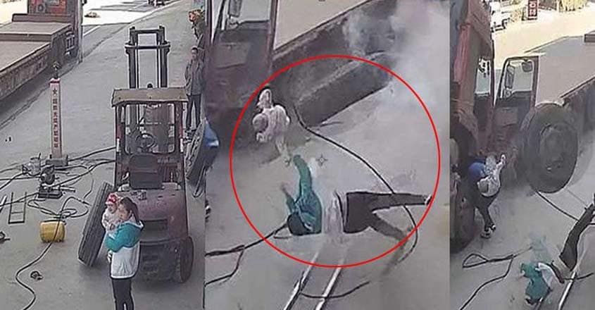 Truck tyre explodes: Miraculous escape for woman, infant | Video | Fast ...