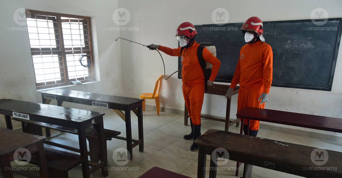 A classroom in a Kochi school being sanitized ahead of the SSLC exams last week
