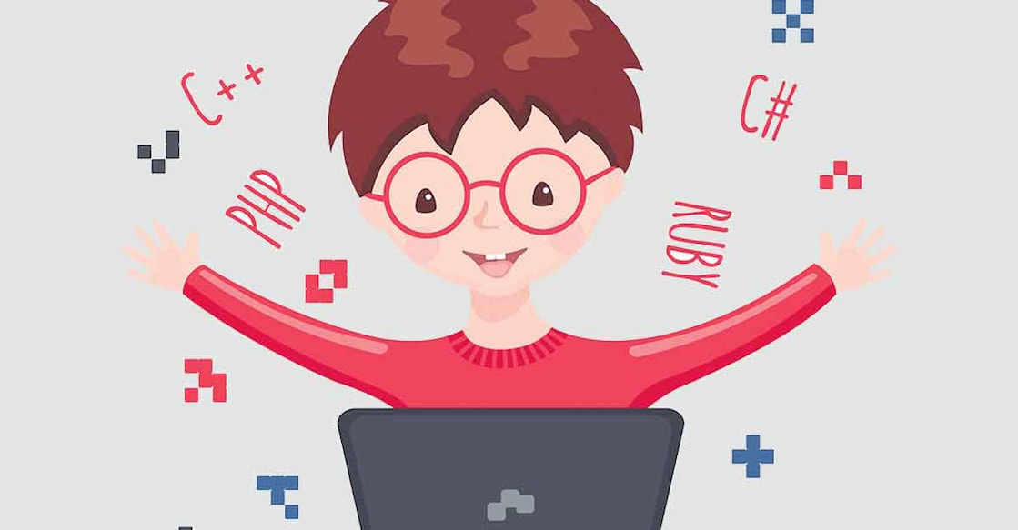 Smiling boy sitting at laptop and learning coding., Smiling boy sitting at laptop and learning coding. Shutterstock images